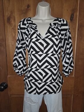 Maude Black & Cream Geometric V-Neck Blouse